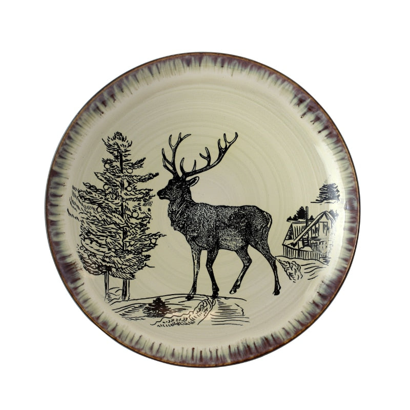Elama Majestic Elk 16 Piece Round Stoneware Dinnerware Set in Taupe di ...