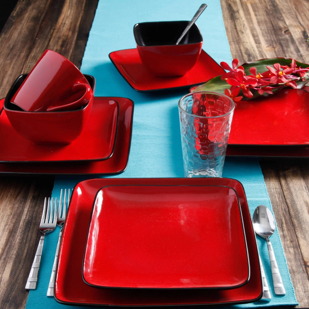 Homes Gardens Rave Square Dinnerware, Red, Set of 16 Dish Set - youronestopstore23