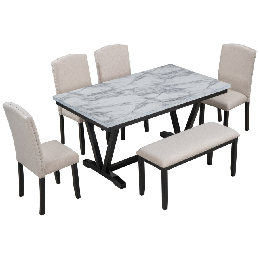 Nordic Modern 6-Piece Dining Table Set,  Wooden Kitchen Table And 4 Upholstered Chairs & a Bench,  Dining Living Room Furniture
