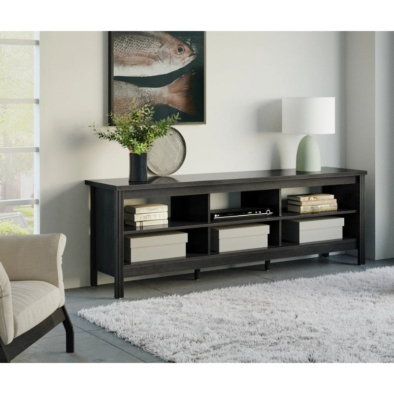 Farmhouse TV Stand for 75 inch TV with 6 Storages, wood, Black tv table