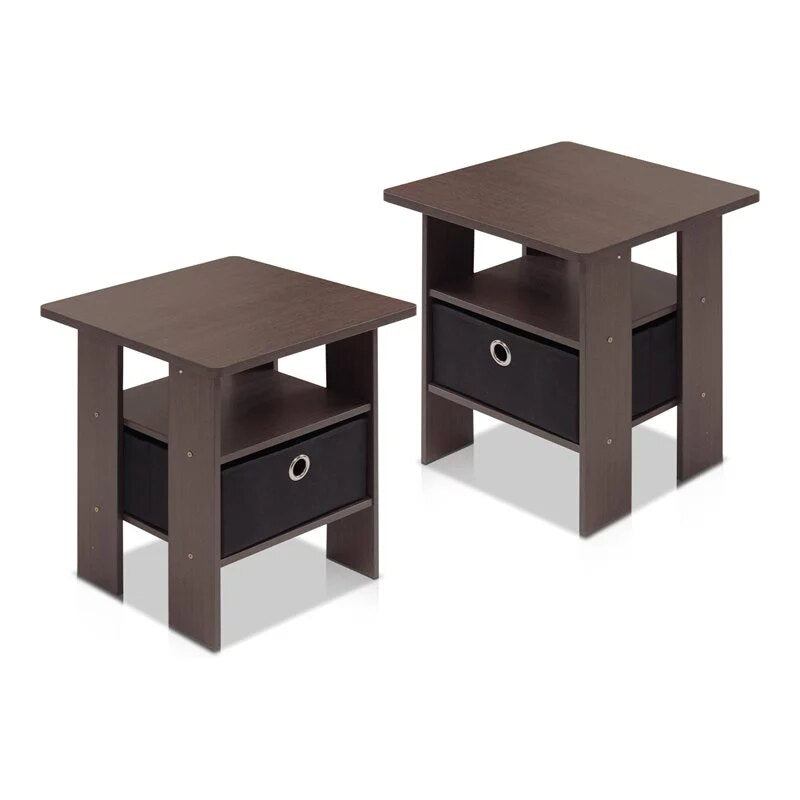 Furinno Andrey End Table Nightstand with Bin Drawer, Set of 2, Dark Brown side table  living room furniture