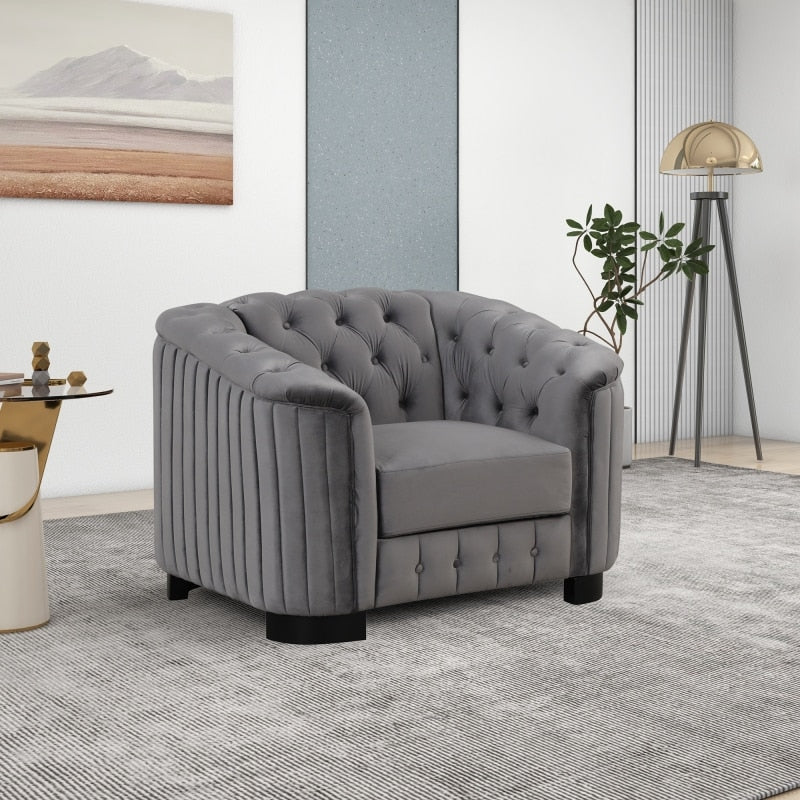Gray Modern 3-Piece Sofa Sets with Rubber Wood Legs,Velvet Upholstered Couches Sets,Loveseat and Single Chair for Living Room