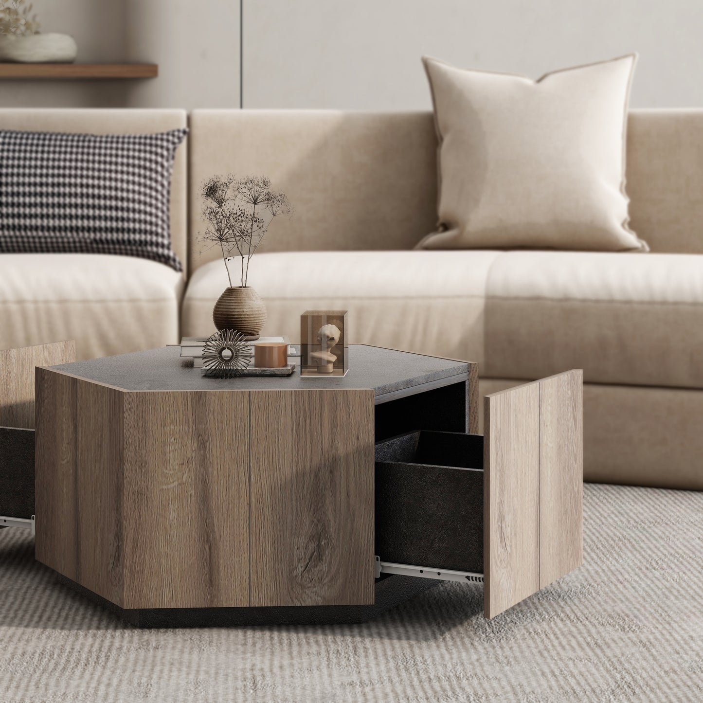 Hexagonal Rural Style Garden Retro Living Room Coffee Table with 2 drawers, Textured Black + Warm Oak
