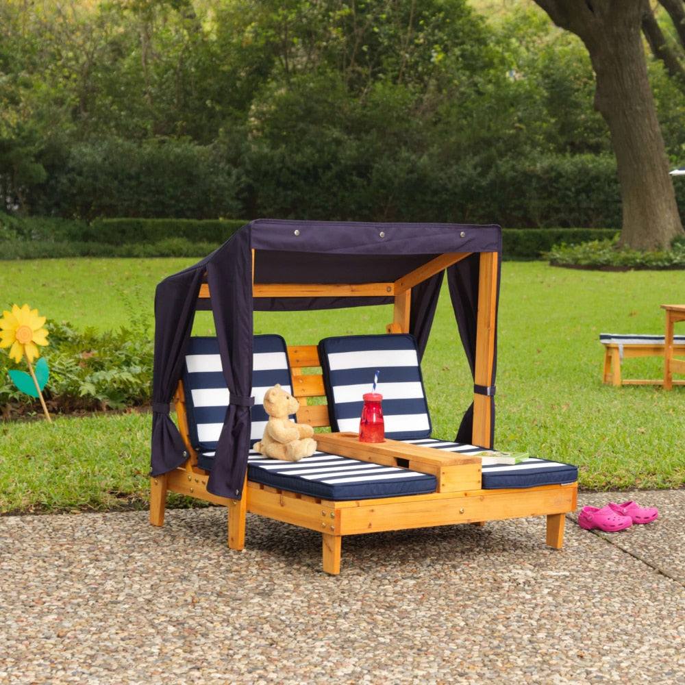 Sun Loungers Wooden Outdoor Double Chaise with Cup Holders, Kid&#39;s Furniture, Honey &amp; Navy - youronestopstore23