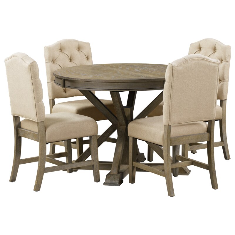 Functional Furniture Retro Style Dining Table Set with Extendable Table and Upholstered Chairs for Dining Room and Living Room