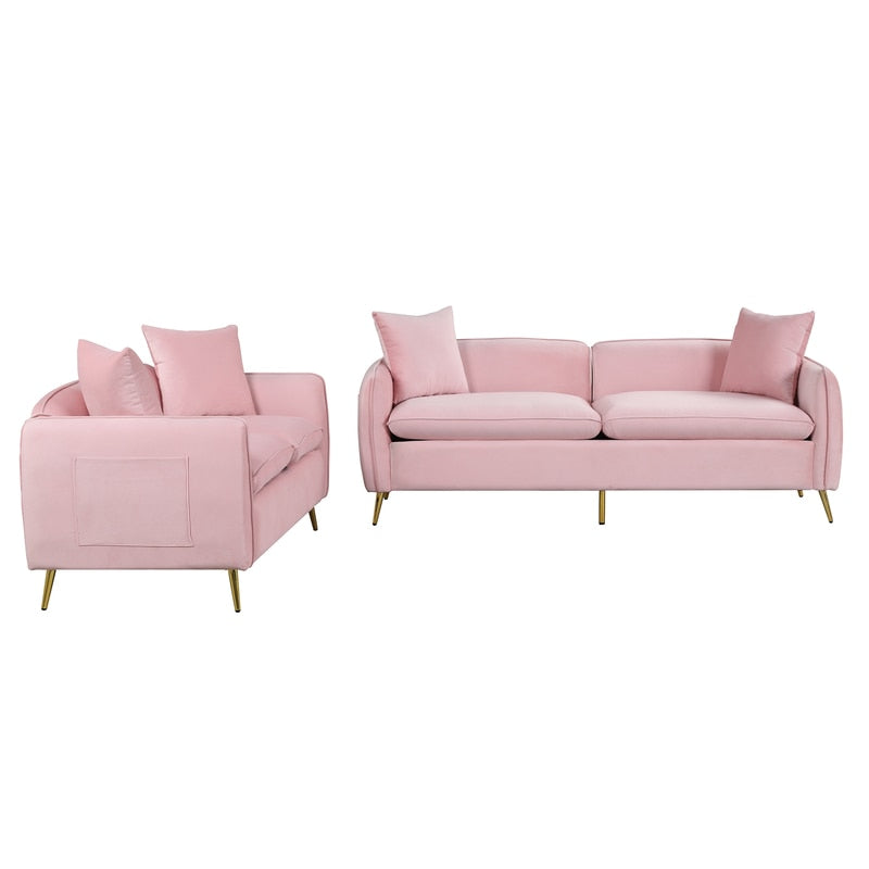 2 Piece Velvet Upholstered Sofa Sets,Loveseat and 3 Seat Couch Set Furniture with 2 Pillows ,Golden Metal Legs,Pink