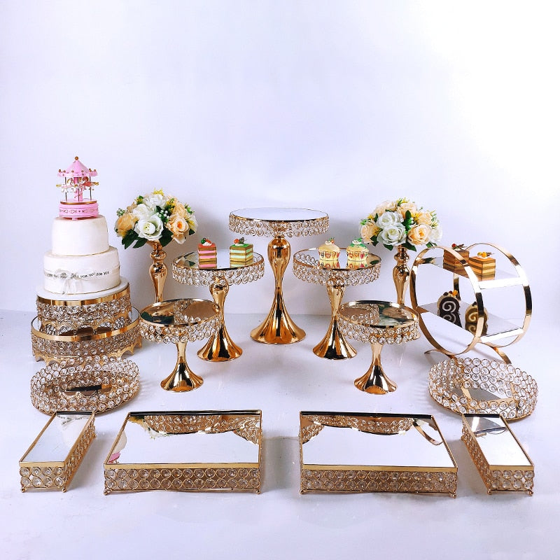 Gold Silver 6- 15pcs  Electroplate Metal  Crystal Cake Stand Set Display Wedding Birthday Party Dessert  Cupcake Plate Rack - youronestopstore23