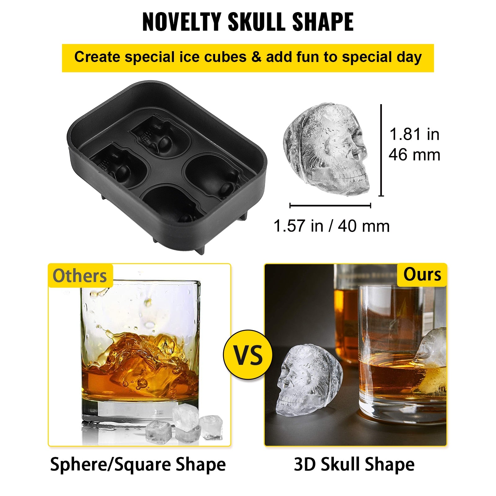 VEVOR Ice Cube Maker Black Silicone 4/6 Grid 3D Skull Shape Tray Home Party Bar Cool Whiskey Icy Beverage Ice Ball Mold DIY Tool - youronestopstore23