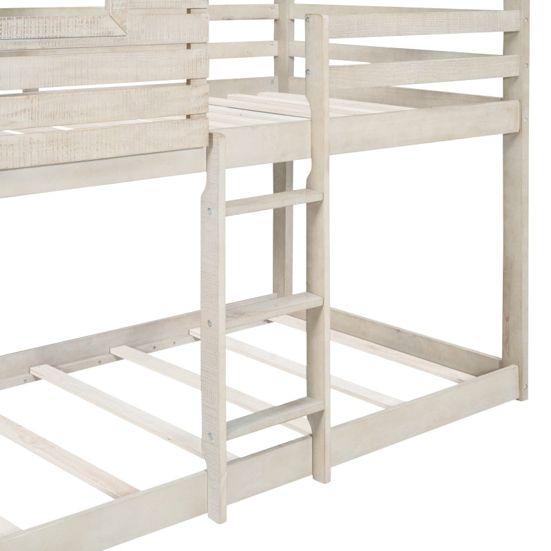Twin Over Twin Bunk Bed Wood Loft Bed with Roof, Window, Guardrail, Ladder,For indoor bedroom furniture (Antique White)