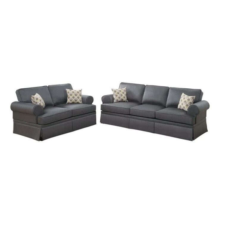 Charcoal Glossy Polyfiber 2pcs Sofa set Living Room Furniture Sofa Loveseat Pillows Couch Rolled Armrest