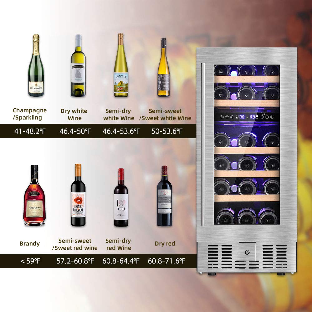 AGLUCKY Wine Cooler 28 Bottle Dual Zone Built-in Wine Cellar with Stainless Steel Double-Layer Tempered Glass DoorTemperature - youronestopstore23