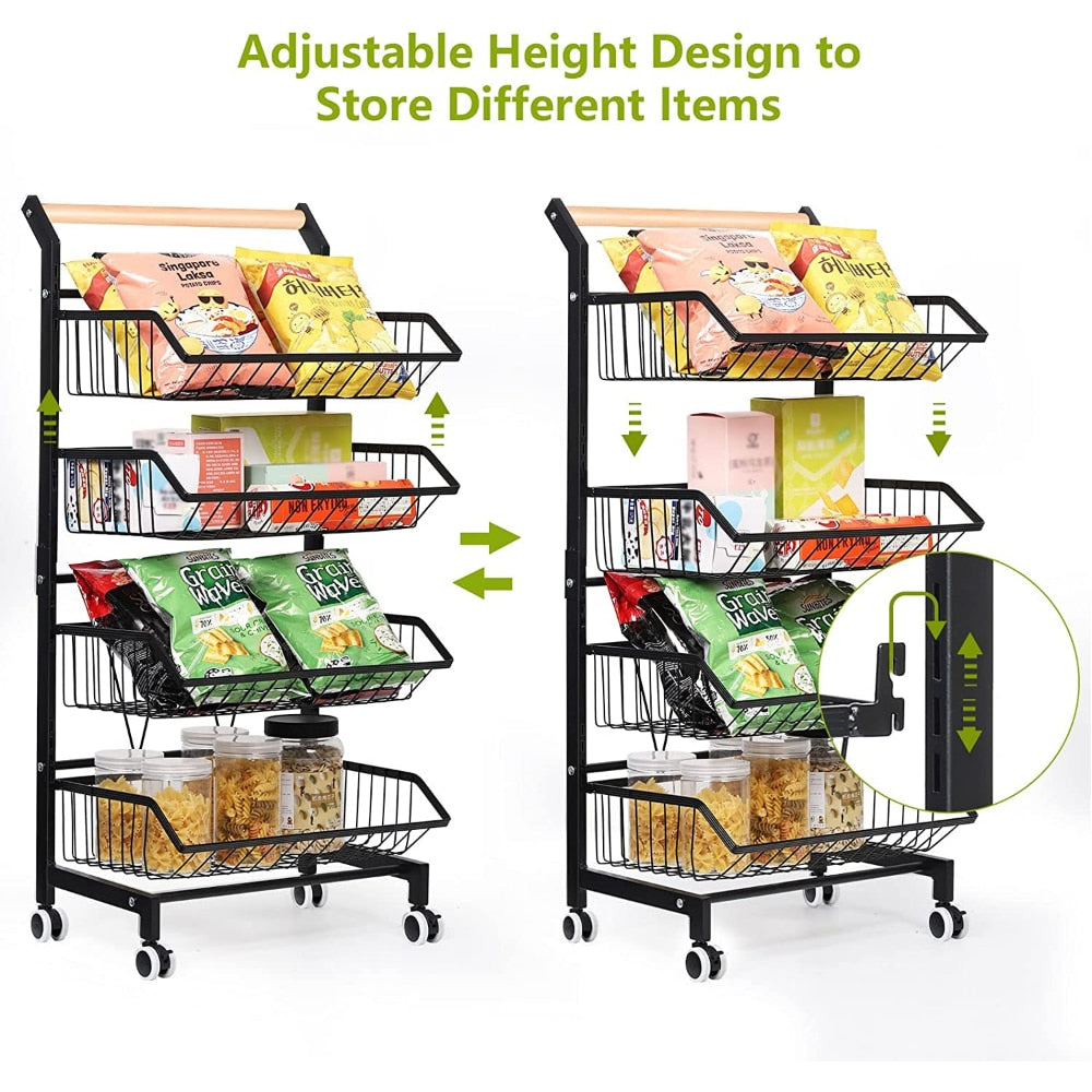 4 Tier Fruit Vegetable Storage Basket Rolling Cart with Handle and Wheels, Black Kitchen Island Table - youronestopstore23