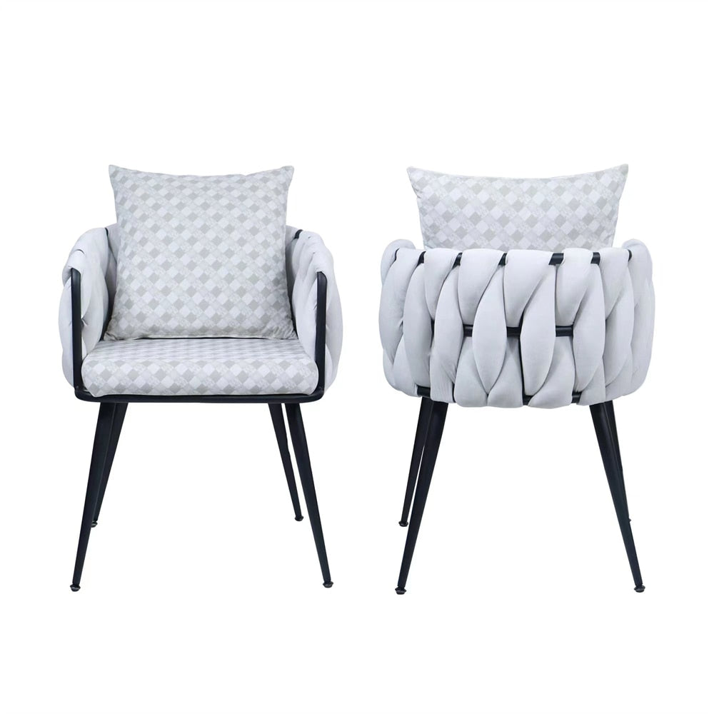 Creativity Modern Velvet Dining Chair Set of 2 Hand Weaving Accent Chairs Living Room Side Chair with Black Metal Legs