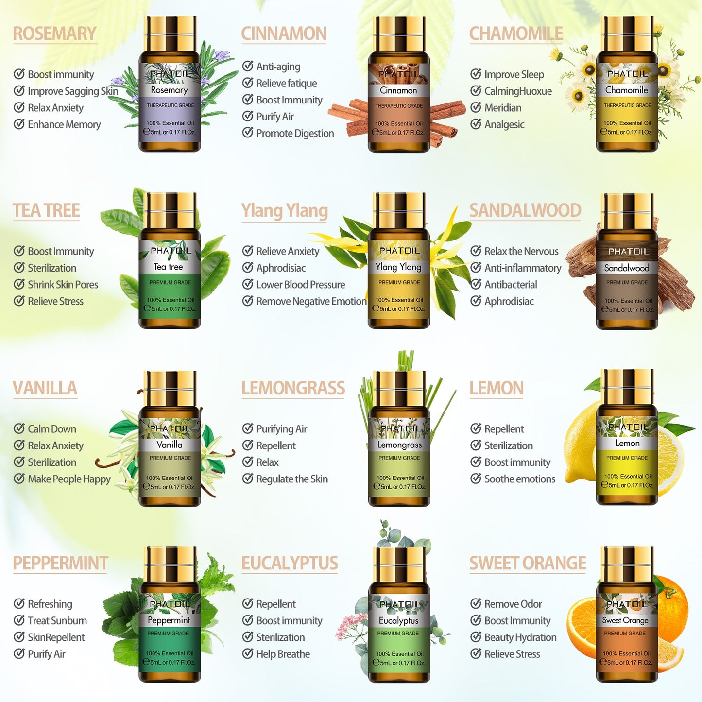 Pure Essential Oils 15pcs Gift Set Natural Plant Aroma Essential Oil Diffuser Eucalyptus Vanilla Mint Lavender Rose Tea Tree Oil - youronestopstore23