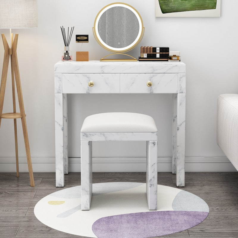 White Vanity Set, Tempered Glass Vanity, Dressing Table with Soft Cushioned Stool for indoor living room, bedroom furniture