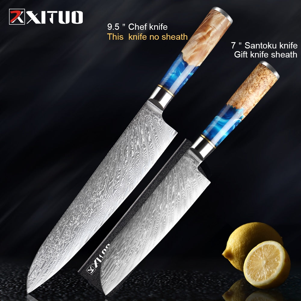 XITUO Kitchen Knives-Set Damascus Steel VG10 Chef Knife Cleaver Paring Bread Knife Blue Resin and Color Wood Handle 1-7PCS set - youronestopstore23
