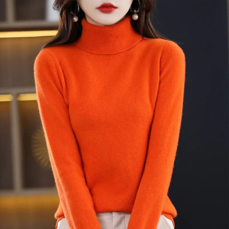 Fall/winter new 100% authentic sweater women's high neck loose solid color plus size sweater knit bottoming shirt.