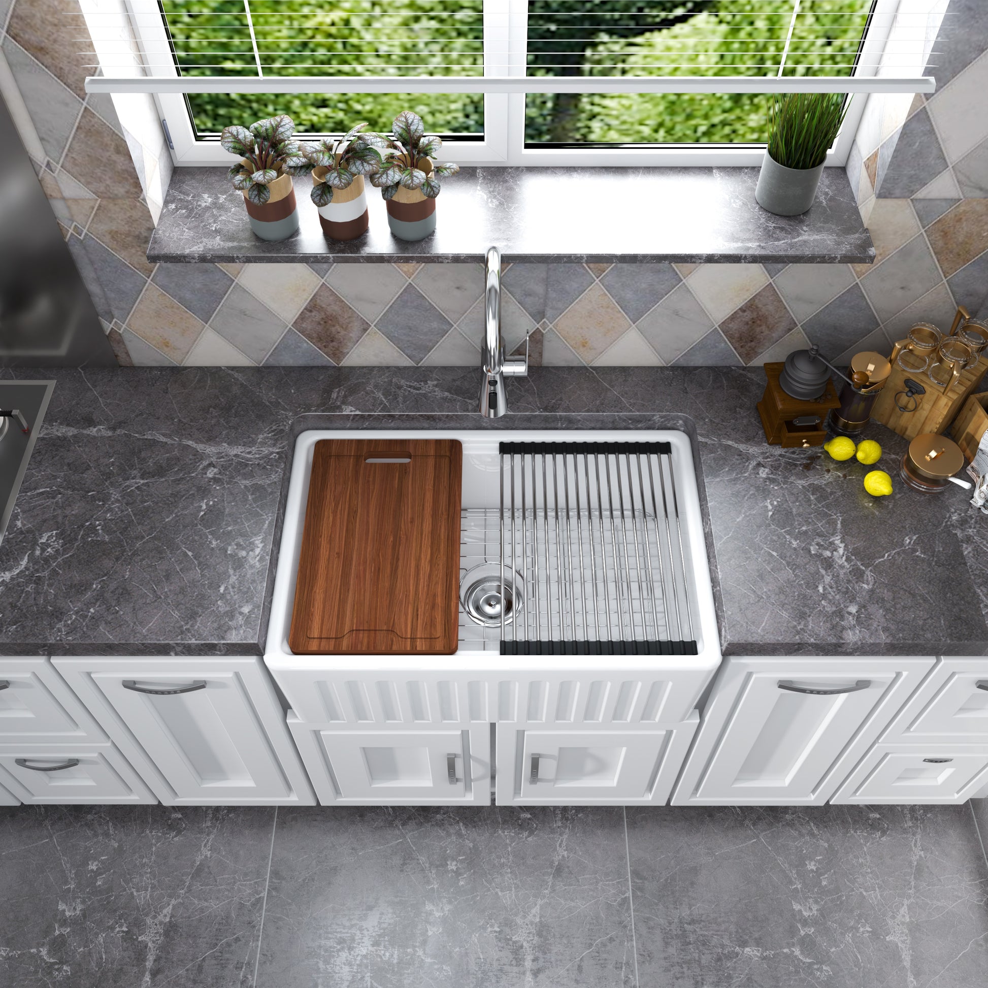 MEJE   Single/Doubble Bowl Farmhouse Kitchen Sink ,Ceramic with Cutting Board ,Grid &amp; Strainer - White - youronestopstore23