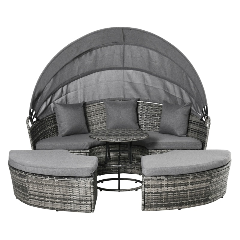 4 Pieces Patio PE Wicker Lounge Set,Round Sofa Bed with Cannopy, Cushioned, Adjustable Coffee Table, Grey - youronestopstore23