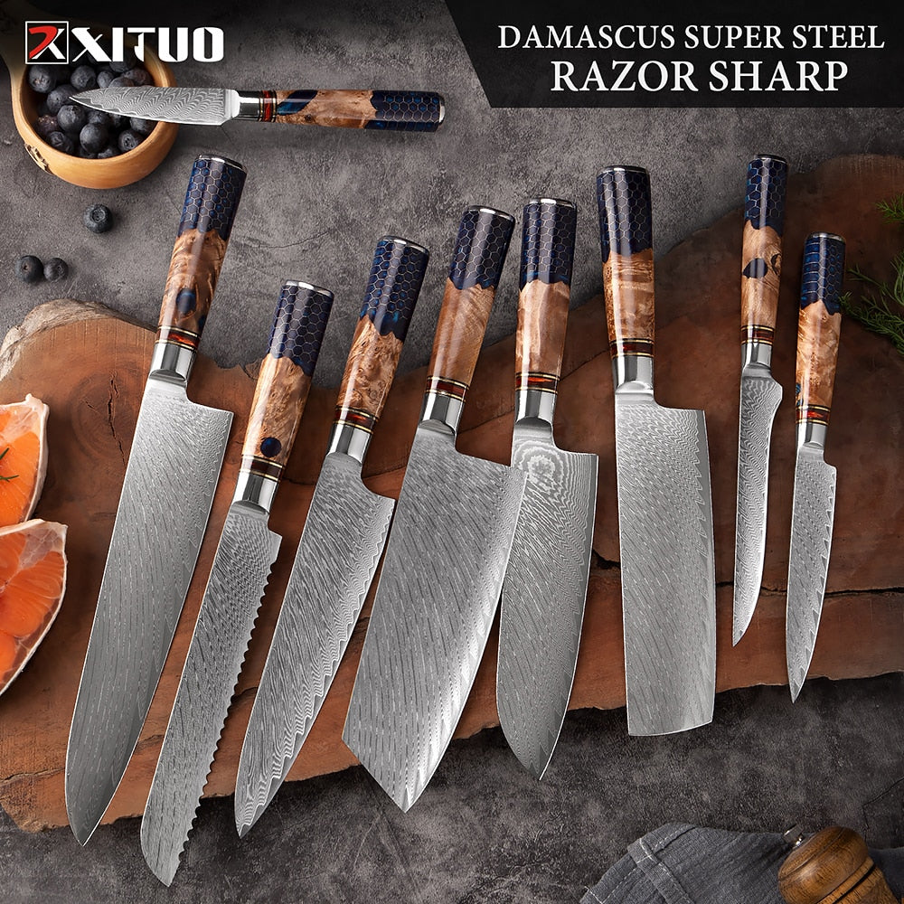 XITUO 1-9 Piece Kitchen Knives Set Damascus Steel Chef Knife Sharp Cut Vegetables Sliced Meat Bread Blue Resin Honeycomb Handle - youronestopstore23