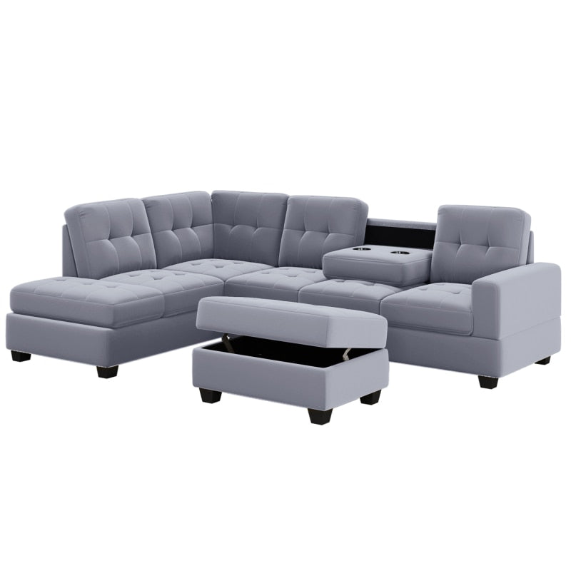 Modern Sectional Sofa with Reversible Chaise, L Shaped Couch Set with Storage Ottoman and Two Cup Holders for Living Room