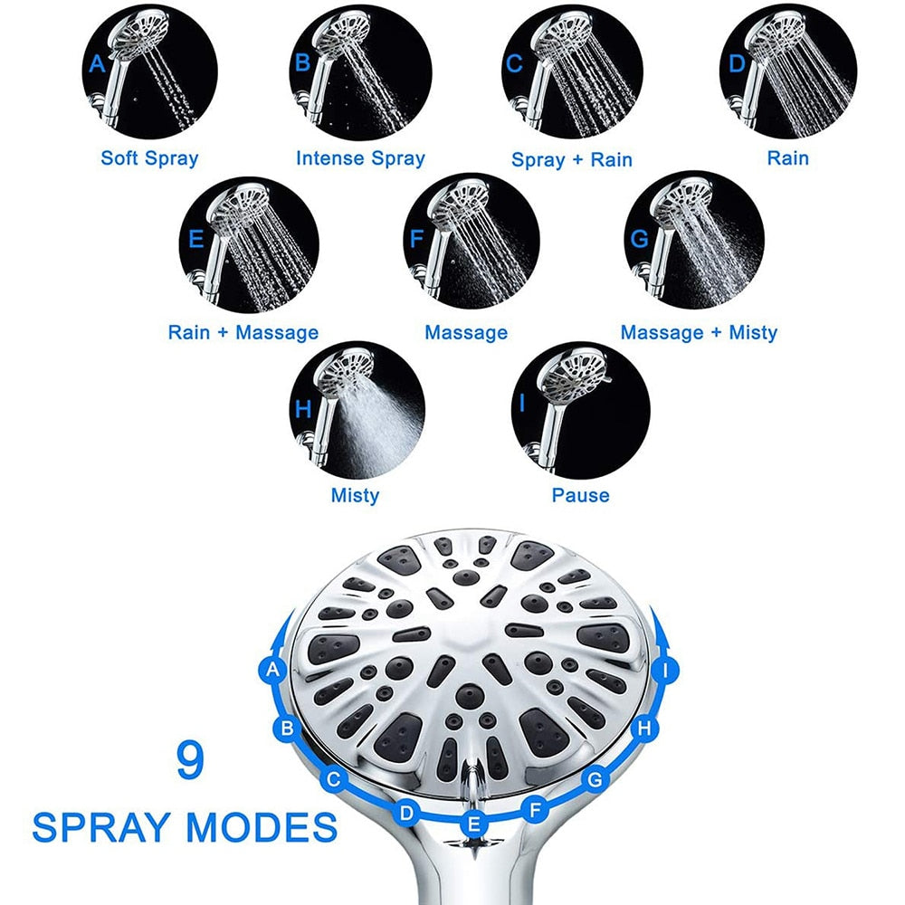 9 Modes Bathroom Shower High Pressure Head Handheld Showerhead Adjustable Jetting Rainfall Massage Hose Shower Head Accessories