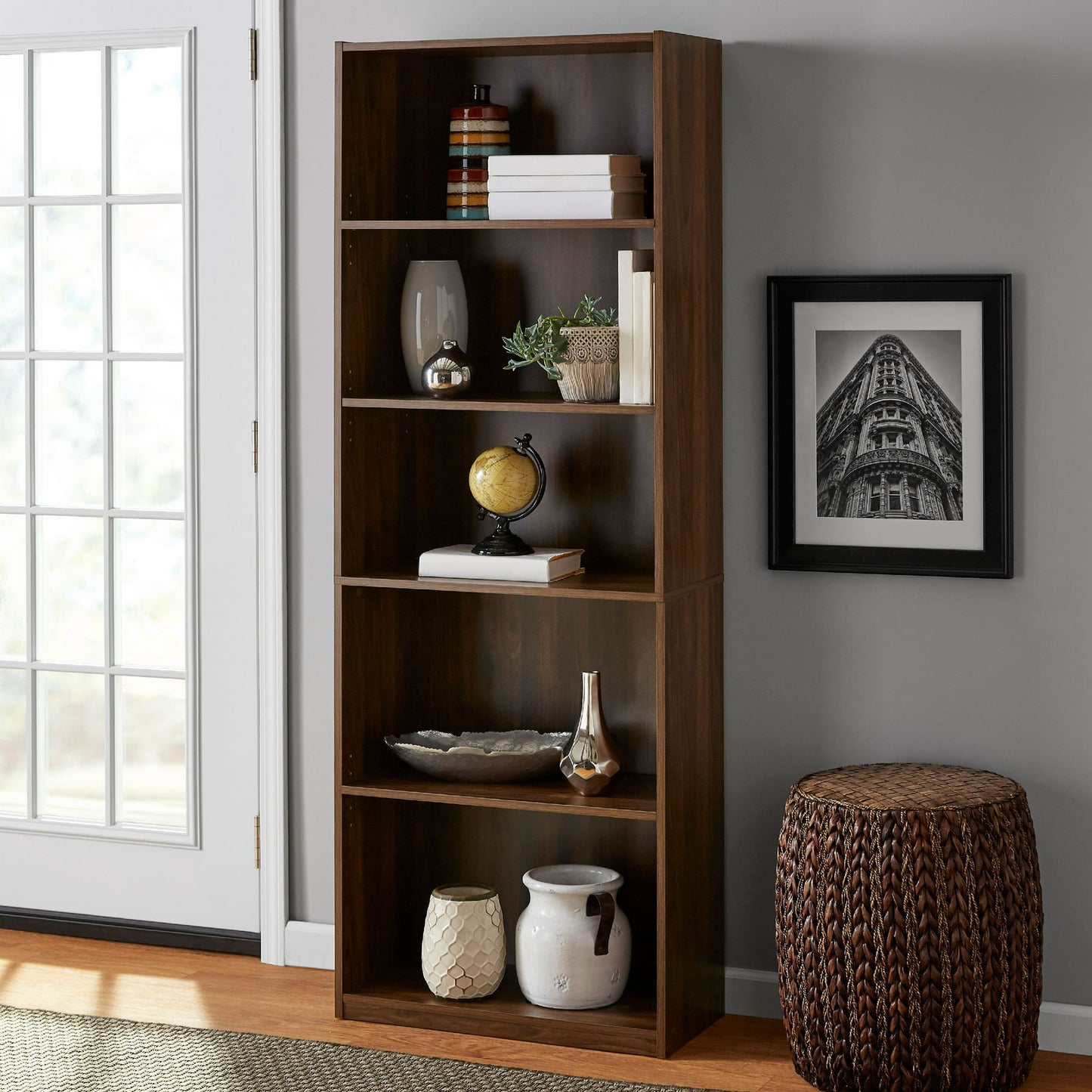 Mainstays 5-Shelf Bookcase with Adjustable Shelves, Canyon Walnut shelf