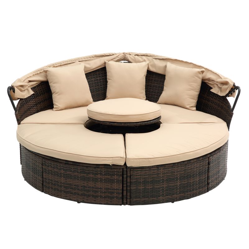 KD Rattan Round Lounge With Canopy Bali Canopy Bed Outdoor Wicker Outdoor Sofa Bed with lift coffee table - youronestopstore23