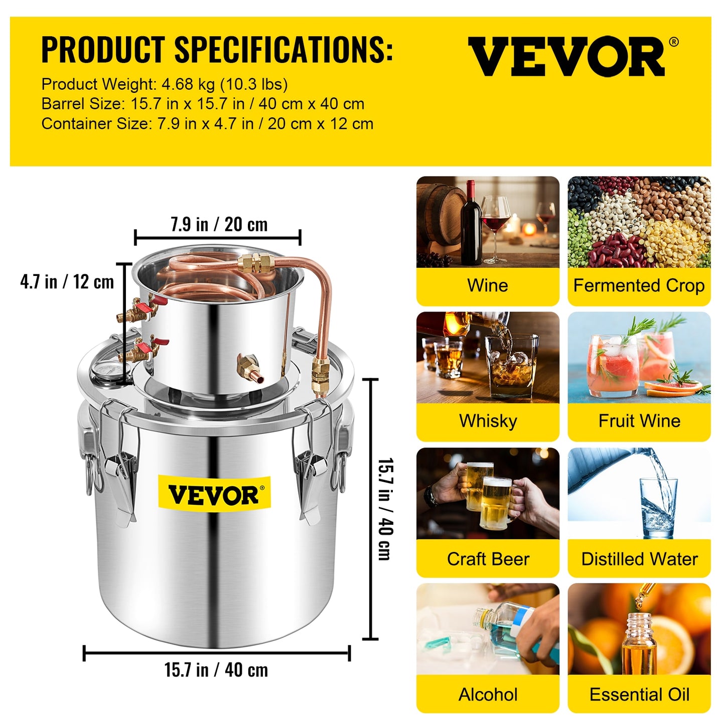 VEVOR 3 5 8 13 Gal Distiller Alambic Moonshine Alcohol Still Stainless Copper DIY Home Brew Water Wine Essential Oil Brewing Kit - youronestopstore23
