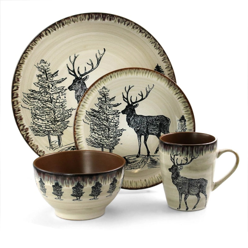 Elama Majestic Elk 16 Piece Round Stoneware Dinnerware Set in Taupe dinner set  dishes and plates sets - youronestopstore23