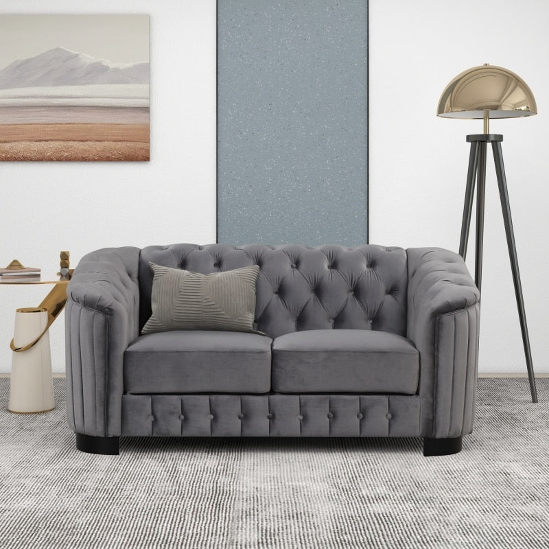 Gray Modern 3-Piece Sofa Sets with Rubber Wood Legs,Velvet Upholstered Couches Sets,Loveseat and Single Chair for Living Room