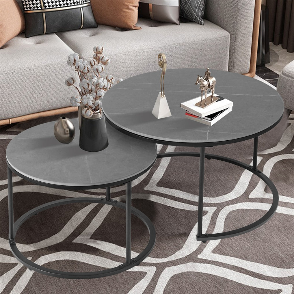 Modern Nesting Round Grey Marble Top Coffee Table Set Sintered Stone Table Metal Legs Home Furniture