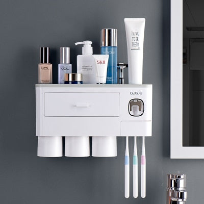 Toothbrush Holder Bathroom Accessories Set  Wall Mount Storage Rack Toiletries Storage Toothpaste Dispenser With Cup