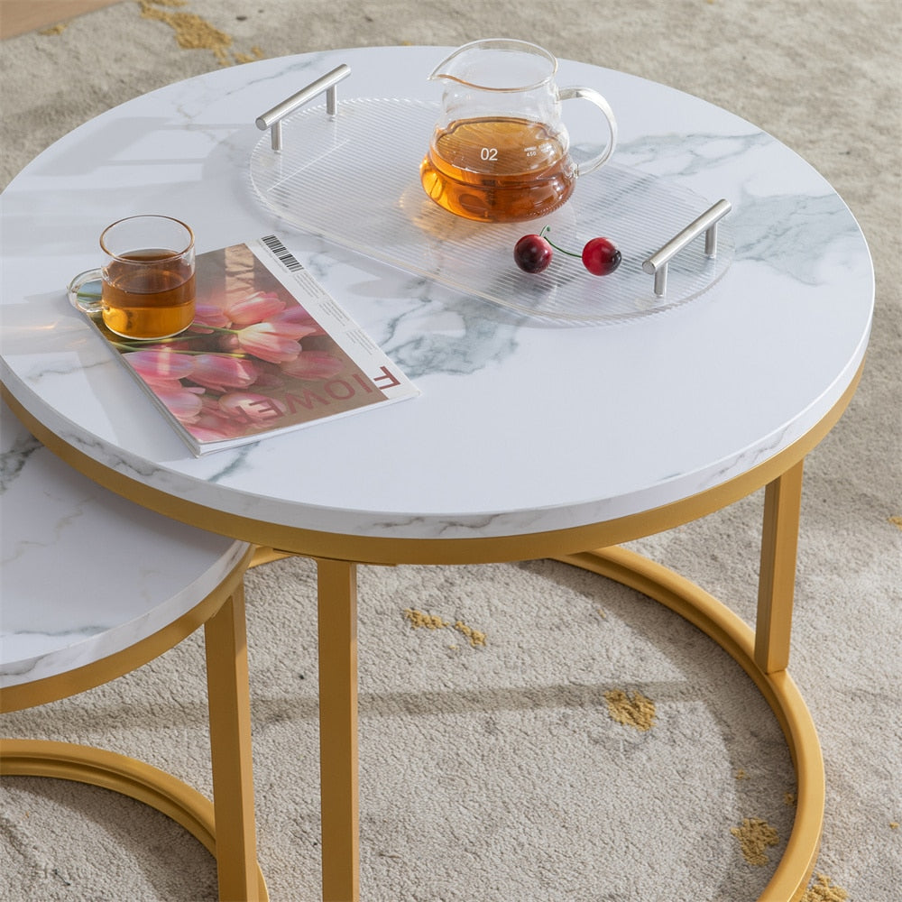 23.6 Inch Modern Nesting Coffee Table Golden Metal Frame with Marble Color Top