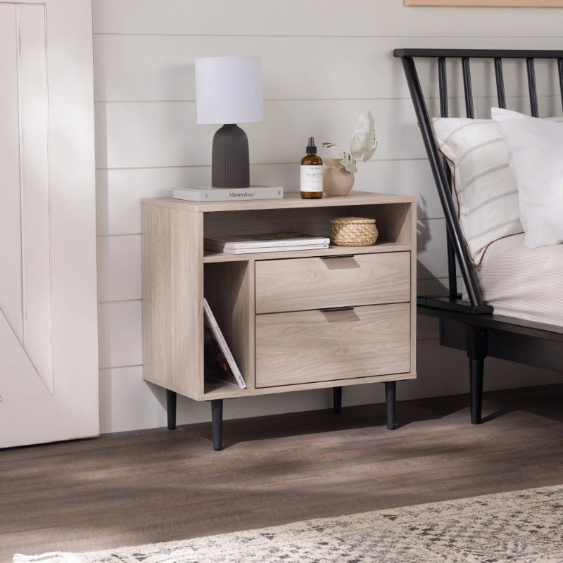 Manor Park Modern Nightstand with Drawers and Shelves, Birch