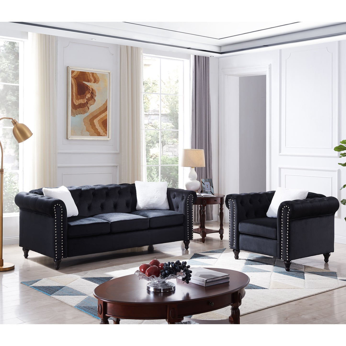 2 Piece Living Room Sofa Set, including 3-Seater Sofa and Loveseat, with Button and Copper Nail on Arms and Back