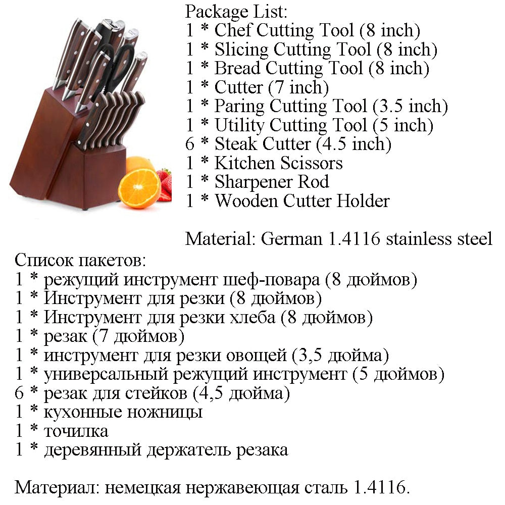 7/8/15pcs Set Wood Handle Kitchen Knives Kitchen Cutting Tool Block Set With Sharpener 1.4116 Stainless Steel Blade Scissors - youronestopstore23