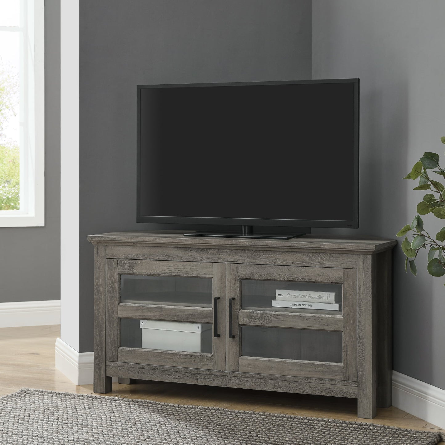Woven Paths Modern Farmhouse Corner TV Stand for TVs up to 48", Grey Wash tv stand