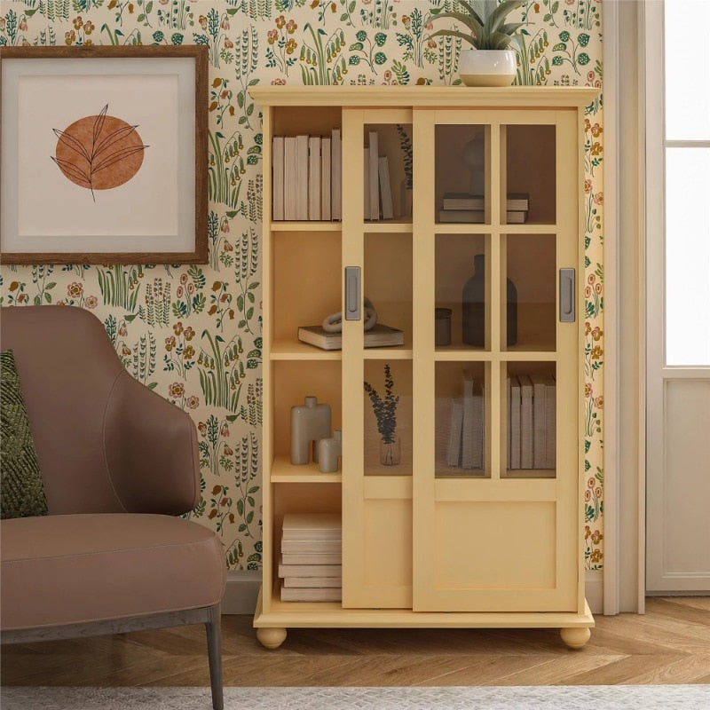 Ameriwood Home Aaron Lane Bookcase with Sliding Glass Doors, Golden Haze Yellow
