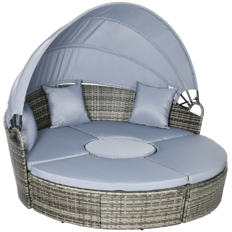 4 Pieces Patio PE Wicker Lounge Set,Round Sofa Bed with Cannopy, Cushioned, Adjustable Coffee Table, Grey - youronestopstore23