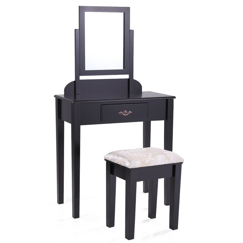 53.5''H Elegant Wood Makeup Vanity Set Dressing Table Furniture with Rotating Rectangular Mirror and Drawer, Black