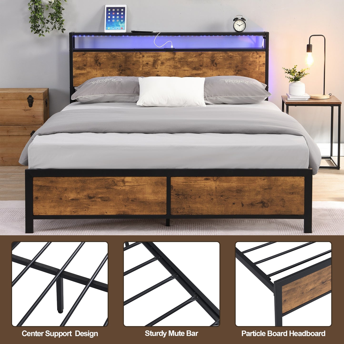 Queen/Full Size Industrial Bed Frame Noise Free with LED Lights&2 USB Ports&Storage No Box Spring Needed Rustic Brown[US-W]