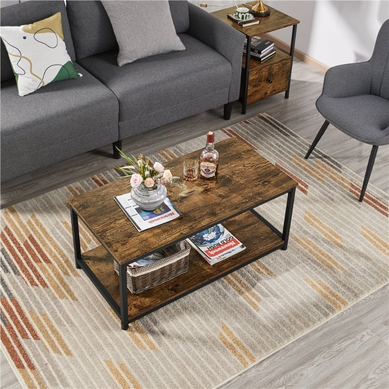 Alden Design Industrial Coffee Table with Storage Shelf, Rustic Brown coffee table for living room