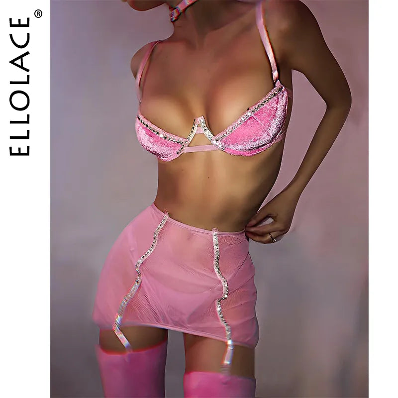 Ellolace Velvet Rhinestone Lingerie Bra Kit Push Up Underwear Fancy Delicate Exotic Sets Fairy Pink Intimate Beautiful Outfit