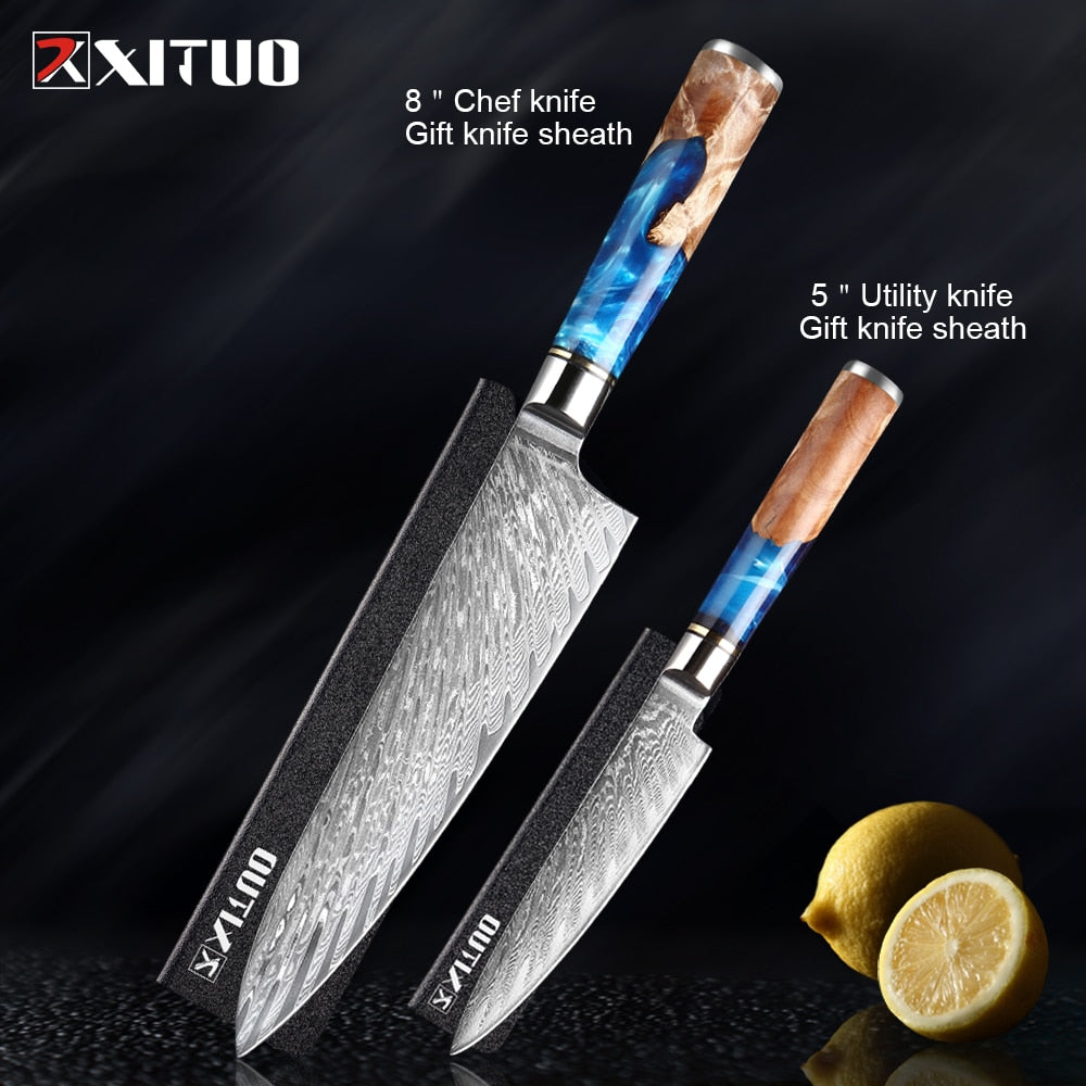 XITUO Kitchen Knives-Set Damascus Steel VG10 Chef Knife Cleaver Paring Bread Knife Blue Resin and Color Wood Handle 1-7PCS set - youronestopstore23