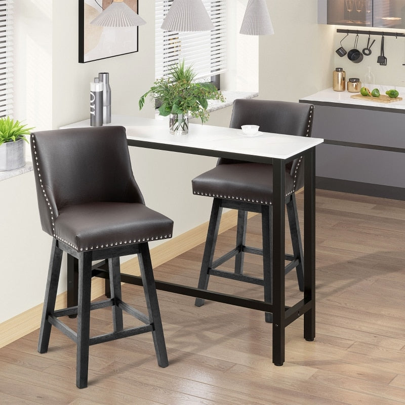 Brown 28" Swivel Bar Height Bar Stools Set of 2, Armless Upholstered Barstools Chairs with Nailhead Trim and Wood Legs