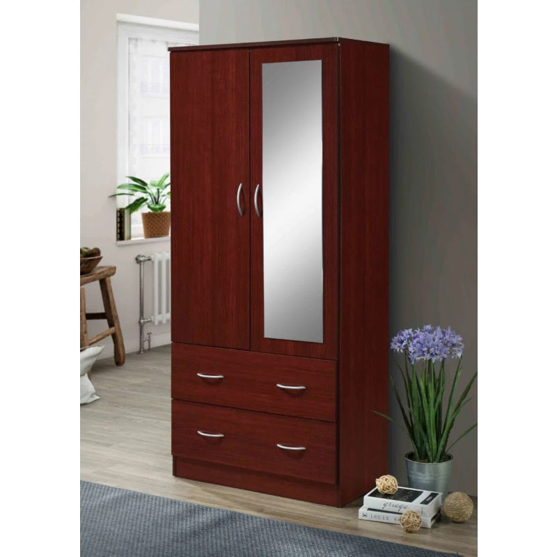 Hodedah Two Door Wardrobe with Two Drawers and Hanging Rod Plus Mirror, Various Colors Are Available