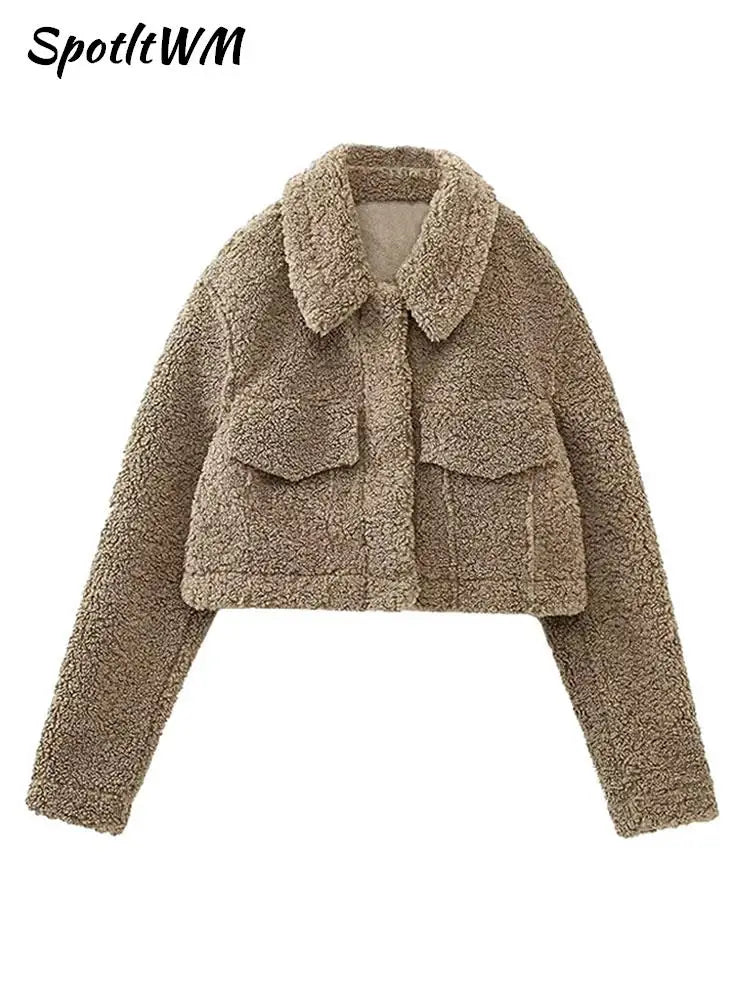 Solid Fleece Lapel Single Breasted Coat Autumn Winter Women Long Sleeve Pocket Jacket 2023 Fashion Vintage Street Lady Overcoat