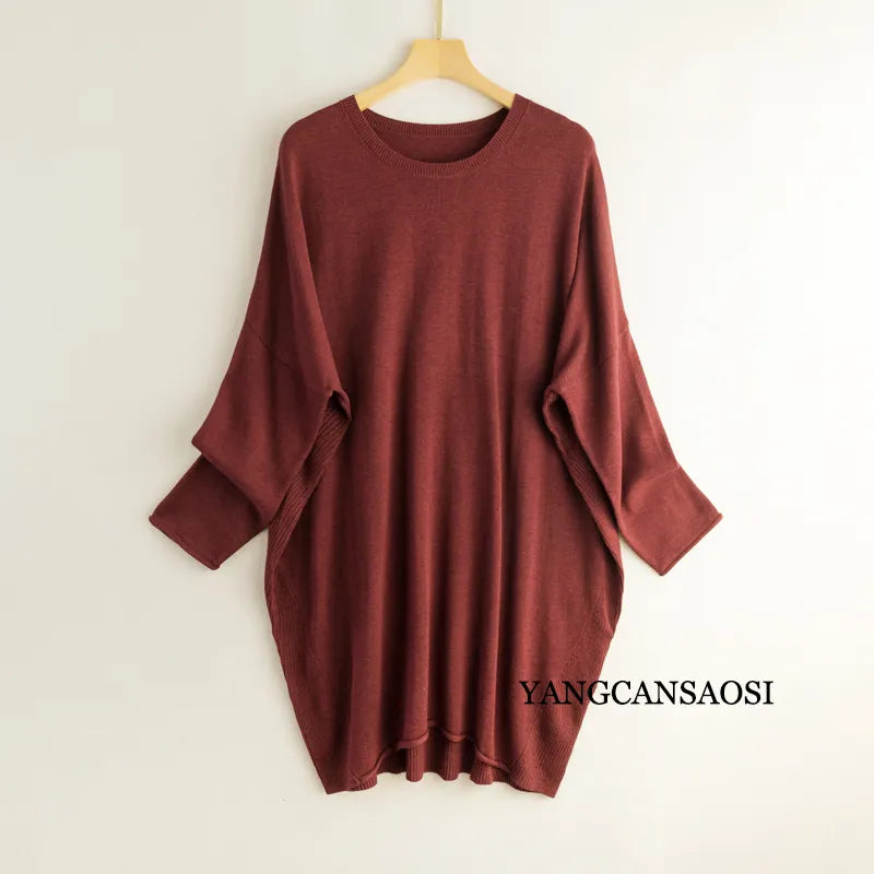 Silk Cashmere Sweater Women's Mulberry Silk Round Neck Solid Color Bottomed Shirt Top Medium Long Batwing Sleeve Loose Sweater