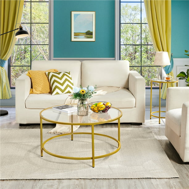 Alden Design Round Modern Glass-Top Coffee Table, Gold side table